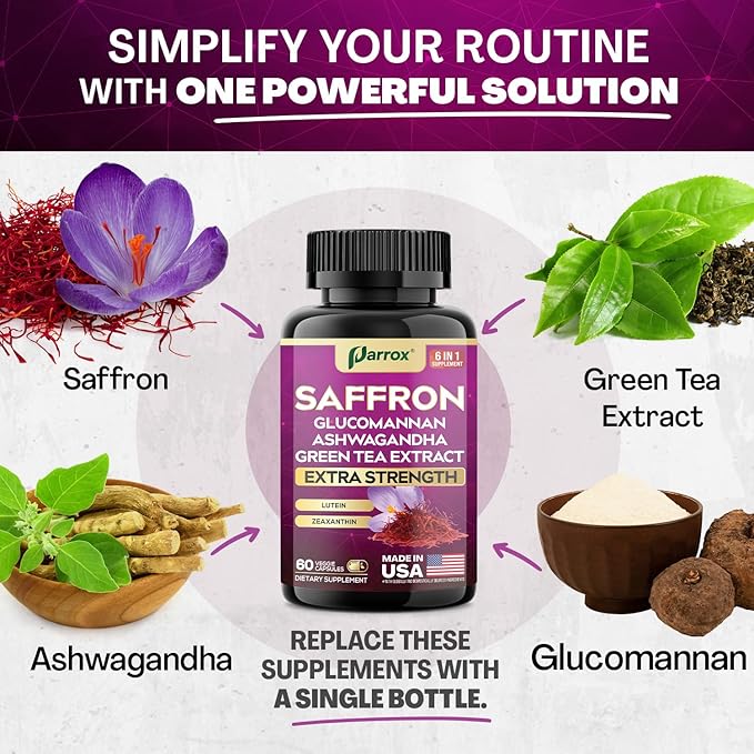 Saffron Supplement with Glucomannan Ashwagandha Green Tea Extract Zeaxanthin &amp Lutein Vision Support &amp Daily Wellness Formula Extra Strength Plant-Based Capsules 6 Month Supply (3 Pack)