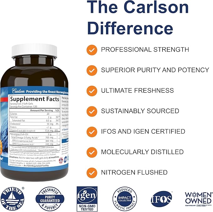 Carlson - The Very Finest Fish Oil 700 mg Omega-3s Norwegian Wild-Caught Fish Oil Sustainably Sourced Fish Oil Capsules Orange 240 Softgels