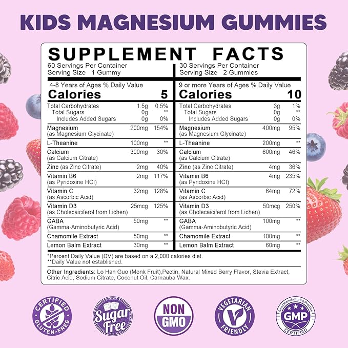 Kids Magnesium Gummies Magnesium Glycinate Gummies 400mg/200mg with L-Theanine Chamomile Vitamin B6 D3 for Kids Relaxation &amp Zzz Support Nerve Bone - Sugar Free Mixed Berry Flavor 60ct