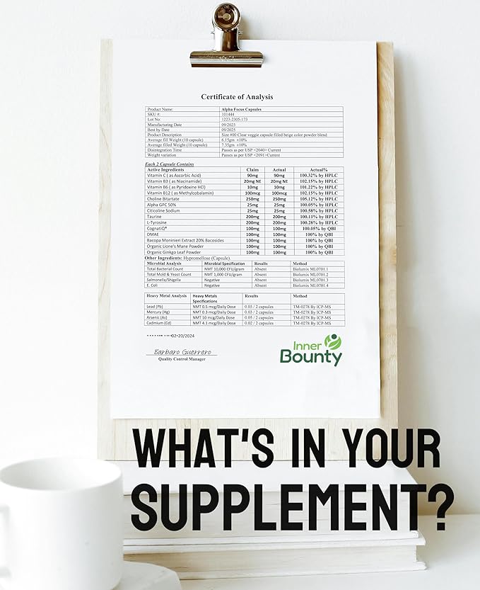 Focus 14-in-1 Nootropic Brain Supplement with Lions Mane Alpha GPC Choline Vitamin C &amp B12 Taurine Bacopa - Energy Cognitive Memory Support 60 Filler Free Capsules