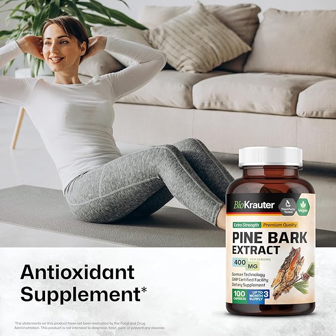 BIO KRAUTER® Pine Bark Extract for Circulatory &amp Antioxidant Support - Vegan French Maritime Pine Bark Herbal Supplements - Natural Antioxidants &amp Skin Support - 400 mg per Serving 100 Сapsul