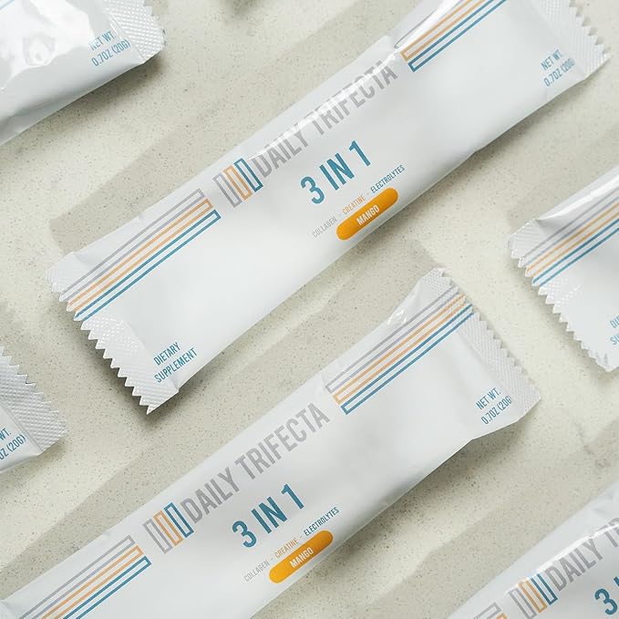 DAILY TRIFECTA 3-in-1 Collagen Creatine &amp Electrolyte Stick Packs | Type I Collagen Creatine Monohydrate Zero Sugar | 30 Natural Single-Serve Packets | Strength Hydration &amp Recovery (Mango