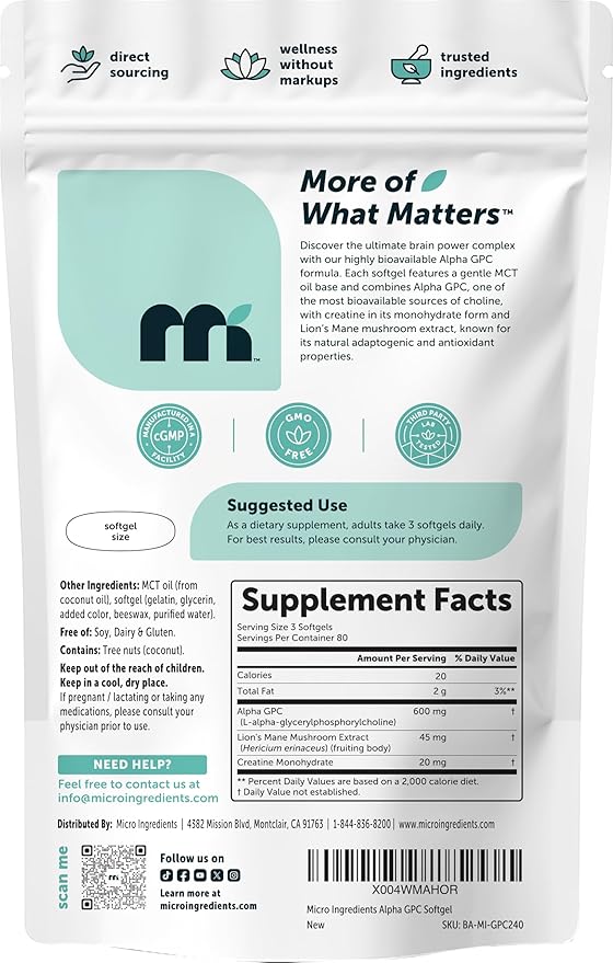 Micro Ingredients Alpha GPC 600mg per Serving with MCT Oil 240 Softgels – Bioavailable Choline Supplement with Creatine Monohydrate &amp Lion’s Mane – Non‑GMO cGMP Manufactured