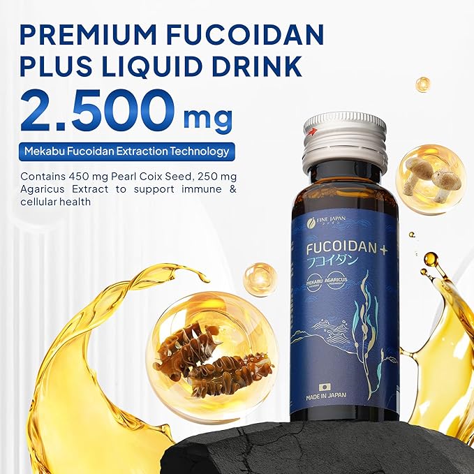 FINE JAPAN Fucoidan Plus Drink – Premium Brown Seaweed Supplement with Seaweed Extract Agaricus Mushroom &amp Coix Seed – 10 Bottles (50ml Each)