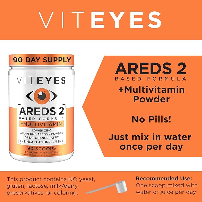 Viteyes AREDS 2 Powder + Multivitamin All-in-One Macular Protection Alternative to AREDS 2 chewables No Pills Lutein &amp Zeaxanthin AREDS 2 Eye Vitamins Drink Natural Orange Flavor 90 Scoops