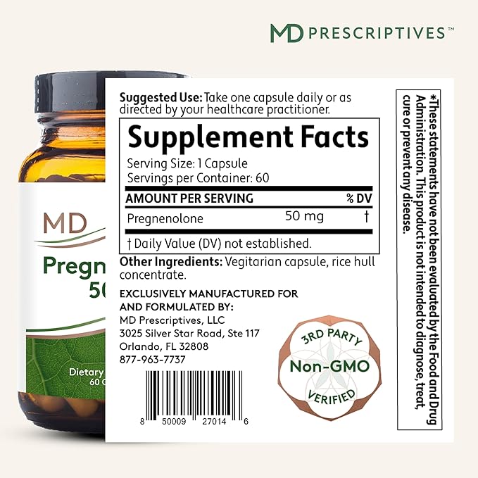 MD Prescriptives Pregnenolone - Vegan Formula for Hormone Health - Hormone Support Supplement &amp Energy for Adults - 60 Vegetarian Capsules (50mg)