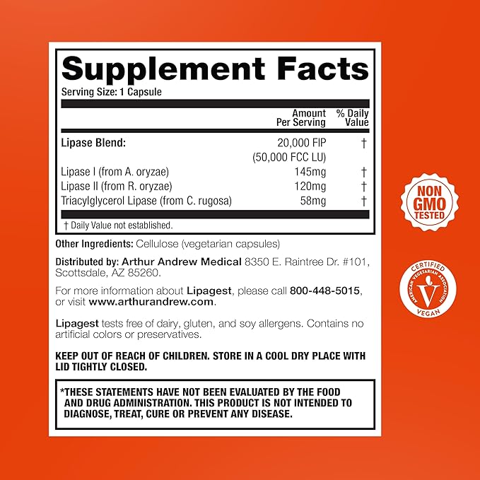 Arthur Andrew Medical Lipagest - Concentrated Lipase Enzyme - 20000 FIP - Optimal Digestion of Fats - Nutrient Absorption - Gallblader &amp Keto Support - Dairy-Free &amp Vegan