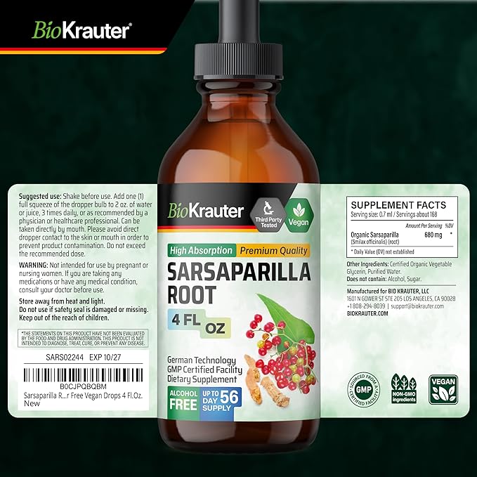 BIO KRAUTER® Sarsaparilla Root for Liver Support - Vegan &amp Pure Liver Supplement for Cleanse 680 mg per Serving - Natural Sarsaparilla Extract - 4 Fl.Oz 56-Day Supply Alcohol &amp Sugar Free