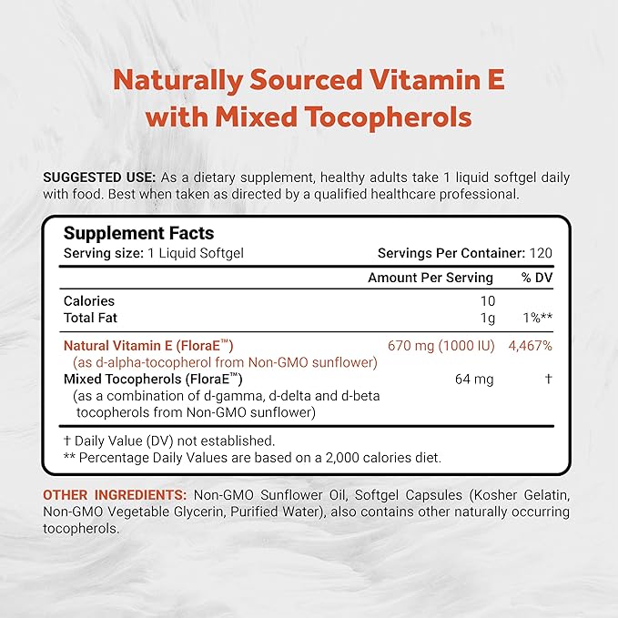 Naturalis Sunflower Vitamin E 670mg (1000 IU) with Mixed Tocopherols | Essential Skin Vitamin &amp Immune Support | Non-GMO Soy &amp Gluten Free | 120 Softgels