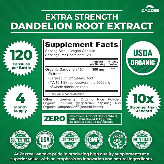 Zazzee USDA Organic Dandelion Root 10:1 Extract 120 Capsules 4 Month Supply Liver &amp Detox Support Taraxacum Officinale Organic Herbal Supplement All-Natural Non-GMO Made in the USA