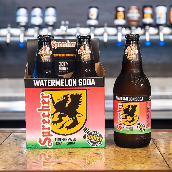 Sprecher Watermelon Soda in 16 fl oz Glass Bottles (12 Pack) Fire Brewed Craft Soda with Real Honey Bold Juicy Watermelon Flavor Naturally Flavored Gluten Free Soft Drink