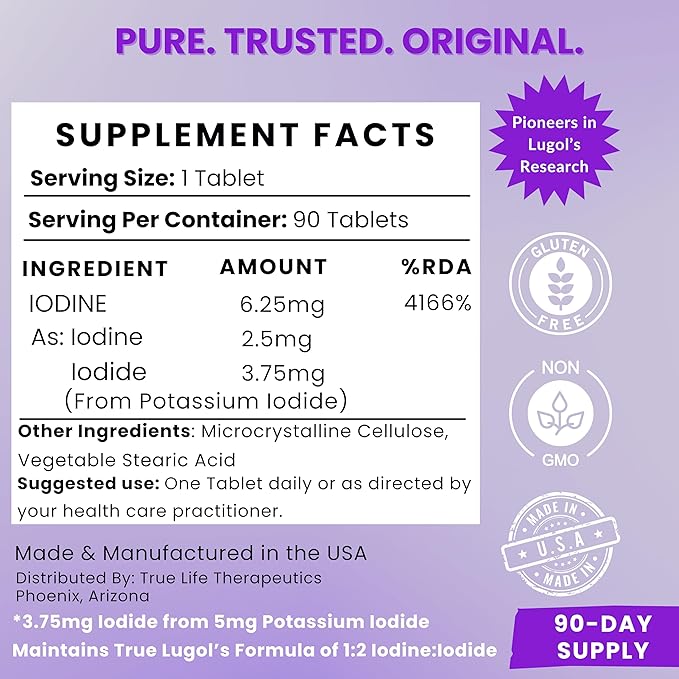 Lugol’s Iodine Tablets 6.25mg – Precise-Dose Thyroid &amp Energy Support – No Harsh Liquid Stable Potassium Iodide Supplement – 90 Ct Non-GMO No Preservatives