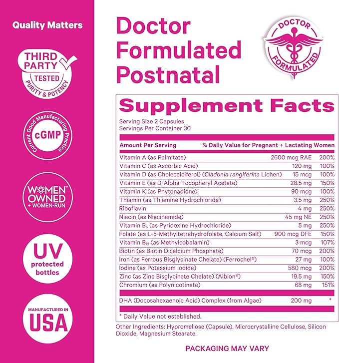 Pink Stork Total Postnatal Vitamins for Women | Vegan DHA Iron Folate B12 | Postpartum Recovery Essentials | Lactation Support for Breastfeeding Moms | Third-Party Tested - 60 Capsules Berry