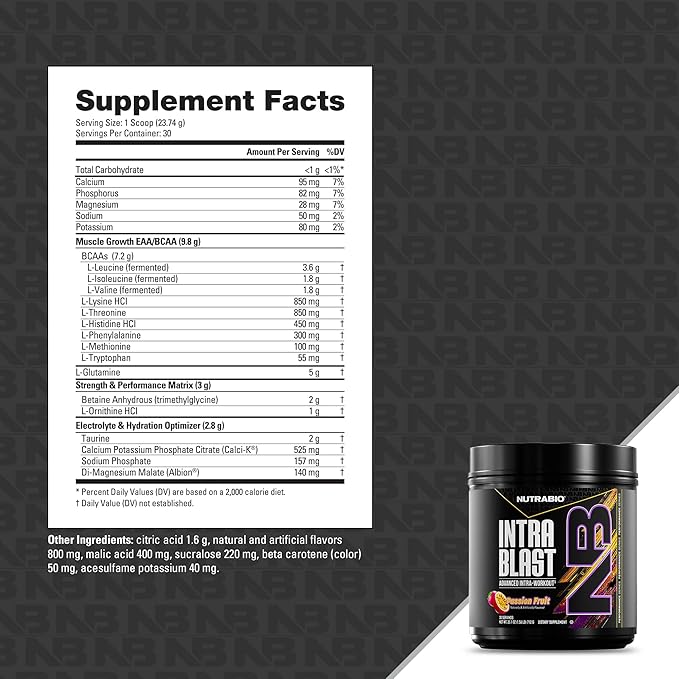 NutraBio Intra Blast Bcaa Powder Amino Acid Supplement Electrolyte &amp Hydration Blend Intra Pre Workout &amp Muscle Recovery 20g Eaa Amino Acids Powder 5g Glutamine- Passion Fruit 30 Serving