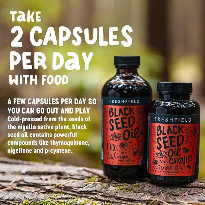 Freshfield Black Seed Oil: Thymoquinone Premium (Black Cumin Seed Oil Nigella Sativa) | Cold Pressed | Vegan | Ultra Strength | Pure and 100% Natural. (120 Capsules)