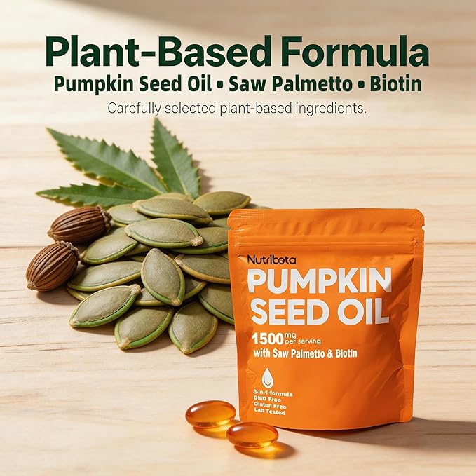 Pumpkin Seed Oil Supplement 1500 mg per Serving with Saw Palmetto &amp Biotin Advanced 3-in-1 Plant-Based Men’s Wellness &amp Hair Nutrition Formula Non-GMO Gluten Free Lab Tested Softgels