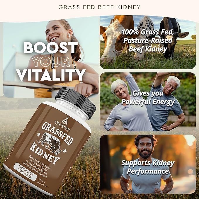Ancestral Supplements Grass Fed Beef Kidney Supplement 3000mg DAO Enzyme Supplement Kidney Support for Urinary and Histamine Health Selenium B12 Non GMO 180 Capsules