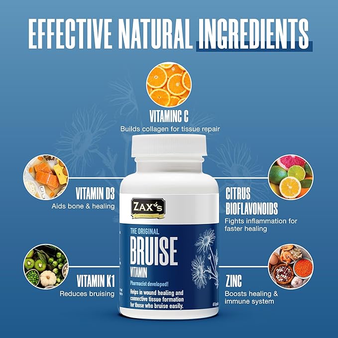 ZAX'S Bruise Vitamin Pharmacist Developed Bruising Supplements Potent Bruising Swelling Reducer Zinc Vitamin K D3 Ascorbic Acid Citrus Bioflavonoids 60 Caps Combine Arnica Bruise Cream