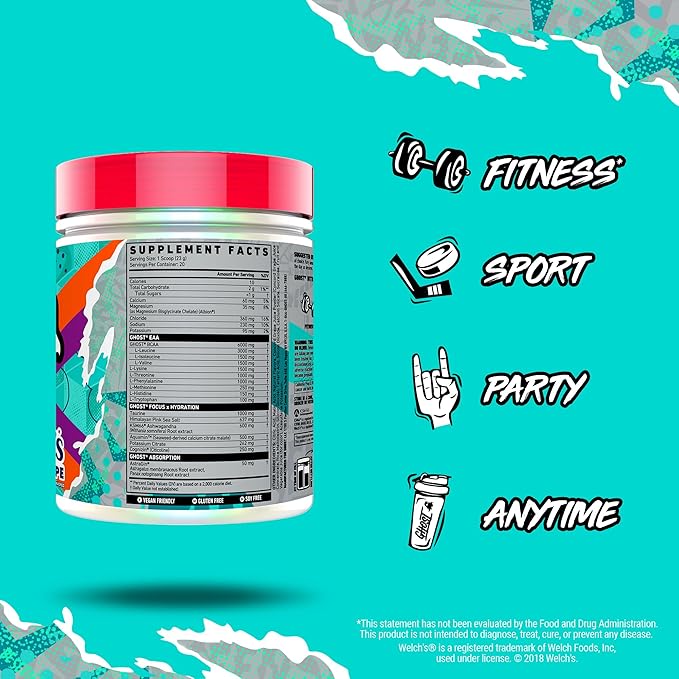 GHOST Intra Workout Powder Welch's Grape - BCAAs &amp EAAs Nootropics &amp Hydration - Essential &amp Branch Chain Amino Acids Supports Muscle Recovery &amp Focus - Pre Intra &amp Post Workou