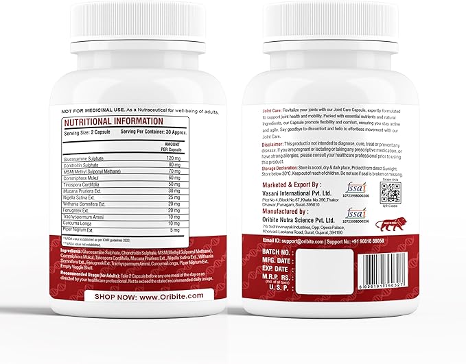 Joint Care Capsules | Glucosamine Chondroitin MSM &amp Herbal Extracts | Supports Joint Flexibility Mobility &amp Comfort | Natural Nutraceutical Supplement | 60 Capsules