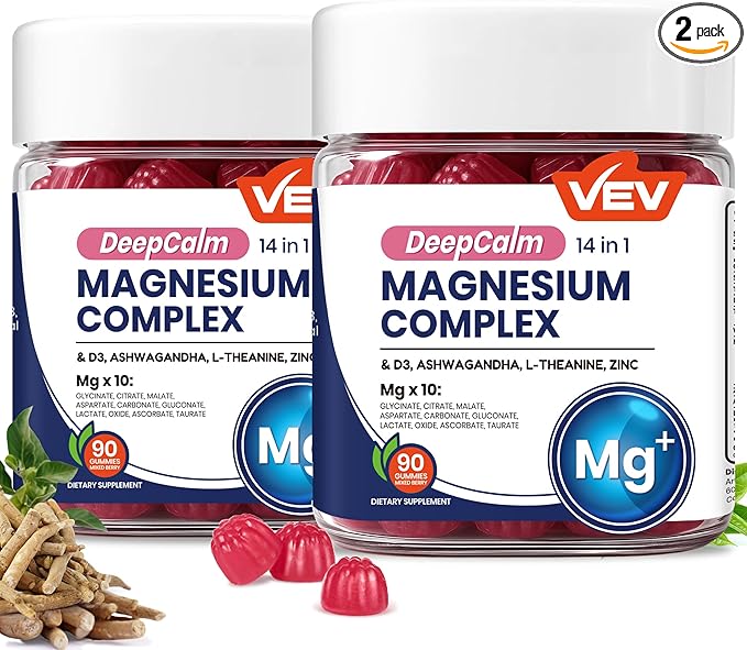 VEV Deep Calm Magnesium Complex 14-in-1 Gummies with Ashwagandha L-Theanine Vitamin D3 &amp Zinc for Women and Men Vegan Magnesium Glycinate Gummies 180 Gummies Total Pack of 2