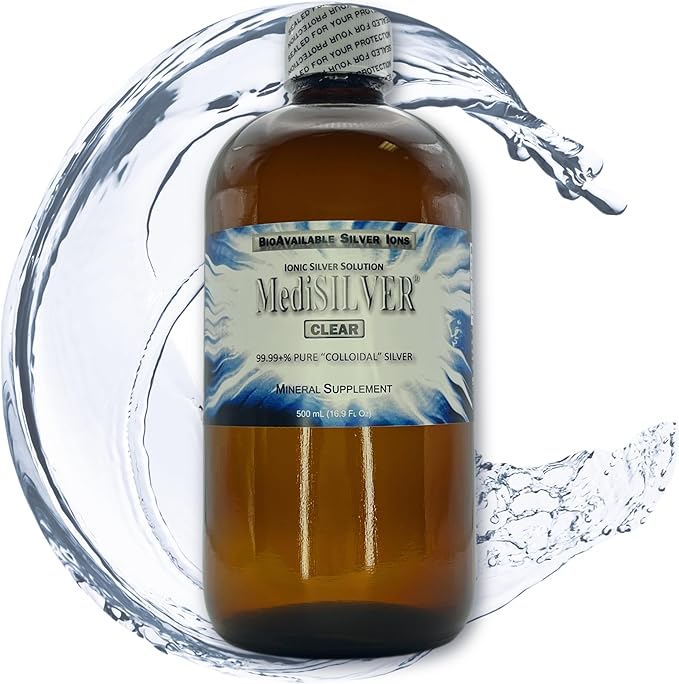 MediSILVER Clear True Free Ionic Colloidal Silver Dietary Supplement - 500 mL (16.9 Fl Oz) in Amber Glass Bottle