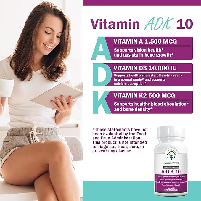ADK10 – ADK Vitamin Supplement | High Potency Vitamins A D3 (10000 IU) &amp K2 MK-7 for Bone Heart &amp Immune Health | 90 Tiny Capsules | 3 Month Supply | Non-GMO Gluten Free