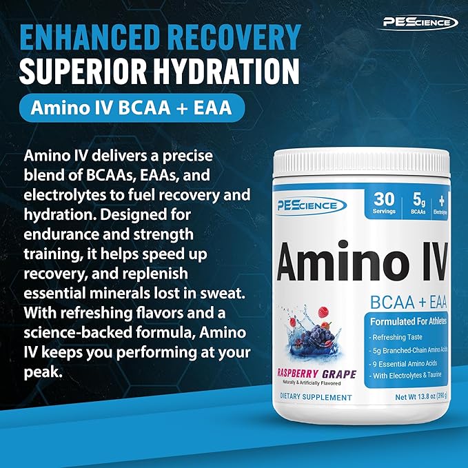 PEScience Amino IV BCAA &amp EAA Powder Essential Amino Acids Taurine Electrolytes for Hydration and Muscle Recovery Sugar Free for Men &amp Women Post Workout - Raspberry Grape 30 Servings