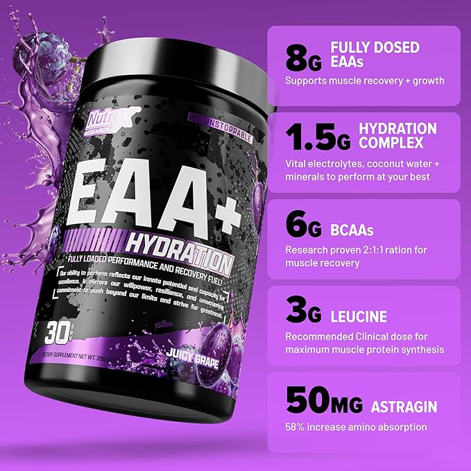 Nutrex Research EAA Hydration | EAAs + BCAA Powder | Muscle Recovery Strength Muscle Building Endurance | 8G Essential Amino Acids + Electrolytes | (Packaging My Vary) 30 Servings (Juicy Grape)