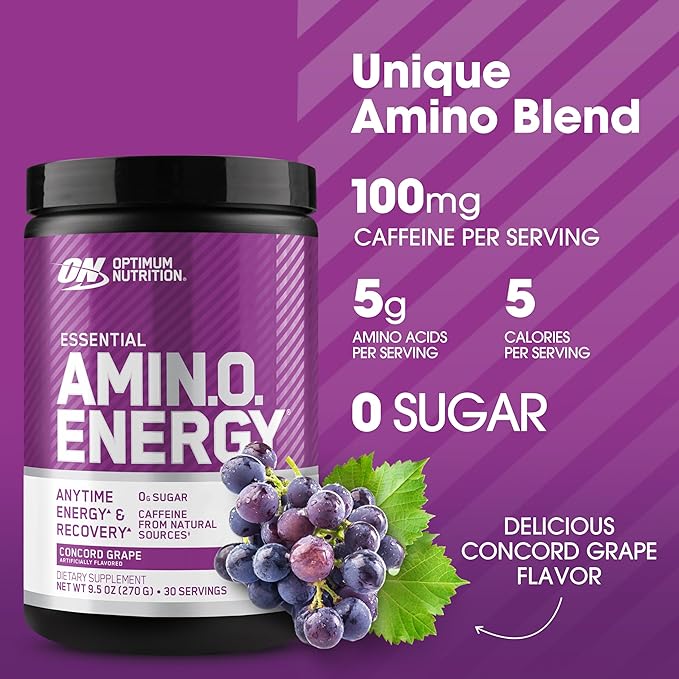 Optimum Nutrition Amino Energy - Pre Workout with Green Tea BCAA Amino Acids Keto Friendly Green Coffee Extract Energy Powder - Concord Grape 30 Servings