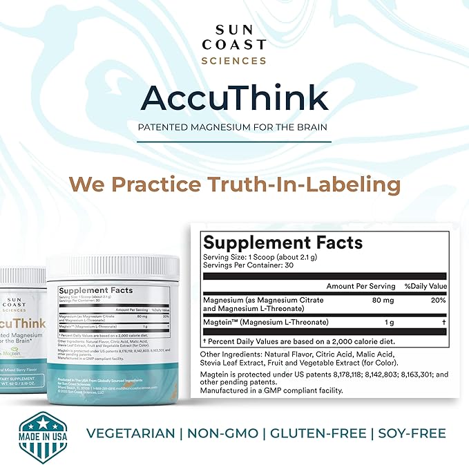 Sun Coast Science Sun Coast Sciences AccuThink - Patented Magnesium Brain - 2.64oz Memory Supplement Brain Health Sleep Mood Boost - Cognitive Support Supplement Magnesium Threonate Vitamin C