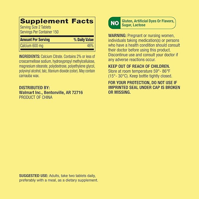 Calcium Citrate 600mg Tablets - Pure Calcium Citrate Supplement 300 Count - Supports Bone Health and Wellness Citrato de Calcio High Absorption Calcium 600 mg