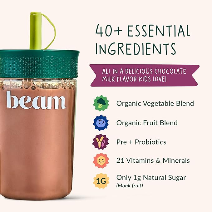 Beam Kids Multivitamin Powder – Kids Vitamins with Greens Probiotic &amp Prebiotic Immune Support for Children &amp Toddlers No Artificial Sweeteners for Picky Eaters 20 Servings Chocolate Fla