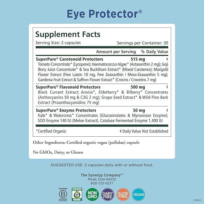 PURE SYNERGY Eye Protector | 100% Natural Vegan Eye Health Supplement | with Organic Astaxanthin Lutein &amp Zeaxanthin | for Healthy Vision (60 Capsules)