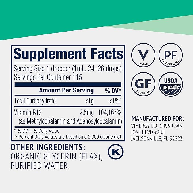 Vimergy USDA Organic Liquid Vitamin B12 Supplement 2500 mcg Methylcobalamin &amp Adenosylcobalamin Fast-Absorbing Energy Support Vegan Non-GMO B12 Vitamins for Women &amp Men 115 Serving (115 mL)