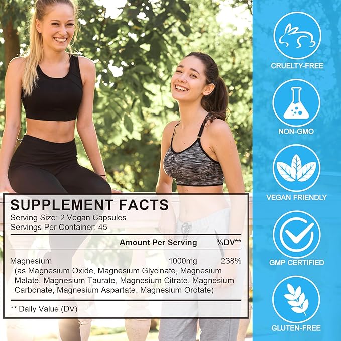 Magnesium Complex 8-in-1 High Potency with 8 Essential Forms Vegan Capsules for Muscle Nerve &amp Bowel Support Relief Fatigue &amp Improve Sleep (180 Capsules)