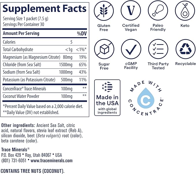 Trace Minerals ZeroLyte Salty Tropical Flavor - Sugar Free Electrolyte Drink Mix - Supports Hydration Energy Stamina - Ancient Sea Salt Full Spectrum Minerals Coconut Water - 30 Packets