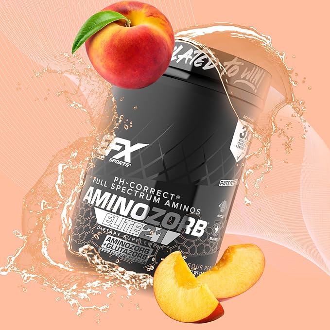 EFX Sports Aminozorb Elite 21 | PH-Correct Full Spectrum Aminos + Glutamine | Essential &amp Non Essential Aminos | Zero Sugars | 30 Servings (Sour Peach)