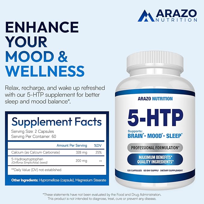 5-HTP 200 MG Per Serving Plus Calcium for Mood Sleep – Supports Calm and Relaxed Mood – 99% High Purity – 120 Capsules – Arazo Nutrition