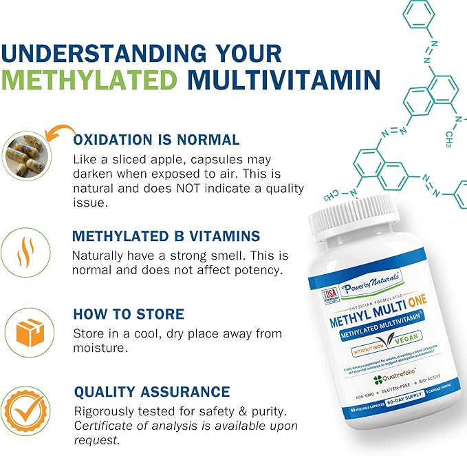 Power By Naturals Methyl Multi One – Iron-Free Methylated Multivitamin with 5-MTHF Methyl B12 &amp CoQ10 – Methylation Support for Men &amp Women – Vegan Non-GMO – 60 Capsules (2-Month Supply)