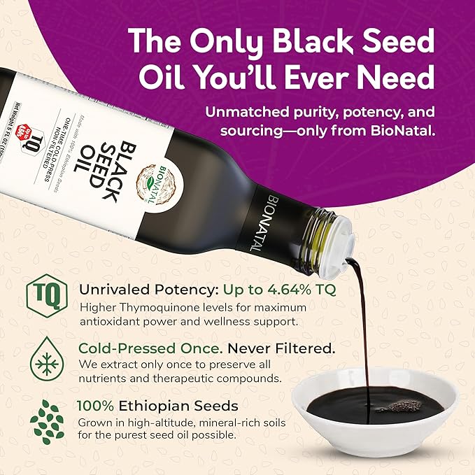 BioNatal Ethiopian Black Seed Oil 5oz Glass– Cold Pressed Nigella Sativa Producing Black Cumin Seed Oil Unrefined &amp Non-Filtered High TQ Up to 4.64% – Supports Immune System Digestion &amp Joi