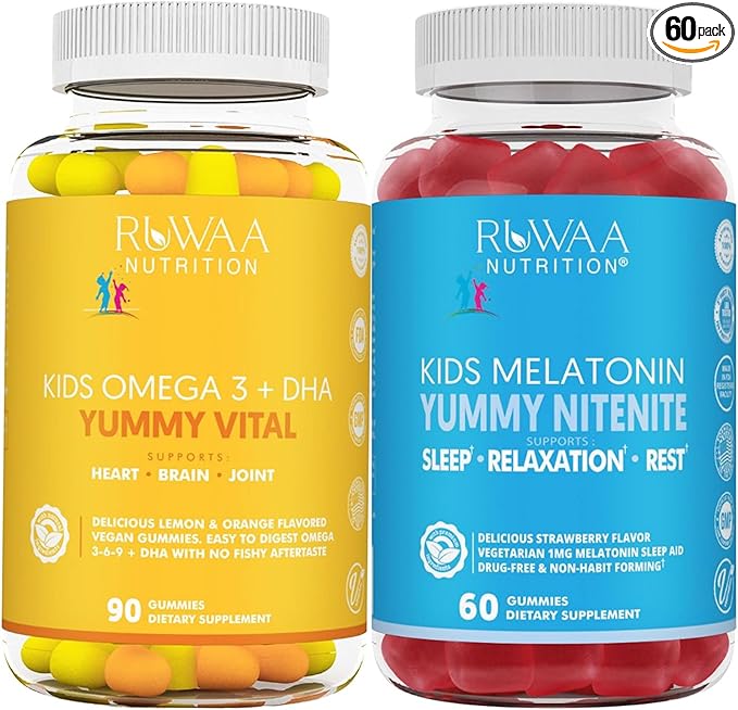 RUWAA NUTRITION Omega 3 Gummies DHA Gummies and 1mg Melatonin Gummies | No Fish No After-Taste Non-Habit Forming Gluten Free Non-GMO Made in USA.