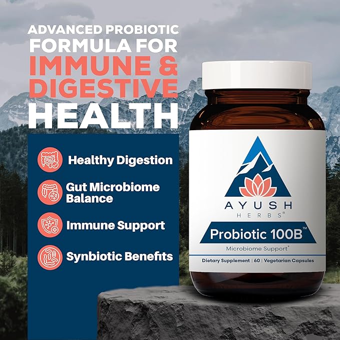Ayush Herbs Probiotic 100B - Probiotics for Women Probiotics for Men Prebiotics and Probiotics for Digestive Health Gas Relief Gut Microbiome Balance - 60 Vegetarian Capsules (1 Count)