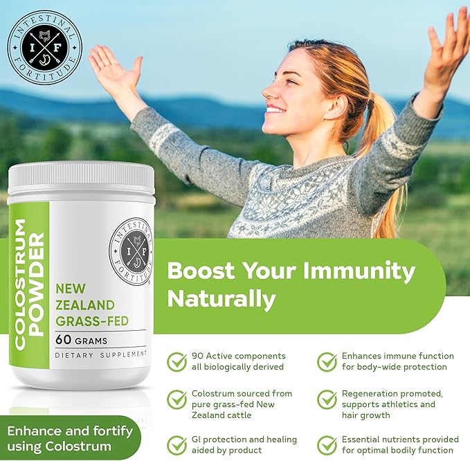Intestinal Fortitude 100% Grass Fed New Zealand Cows Colostrum Powder Grassfed Hormone Free GMO Free Optimal Gut Health and Immune System Support Leaky Gut IBD 60 Grams