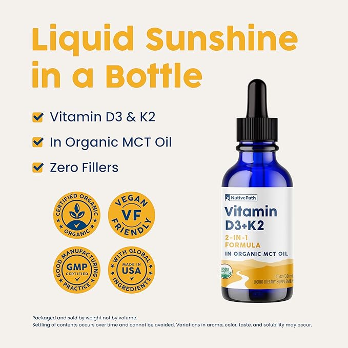 NativePath D3K2 Tincture – 2000IU Vitamin D3 and Vitamin K2 Supplement with Organic MCT Oil – 1 Fluid Ounce – Rapid Bioavailability Multi-Vitamin for Bone Strength and Total Body Wellness 30 Servings