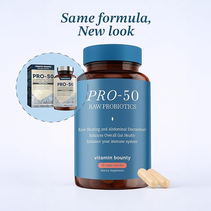 Vitamin Bounty Pro-50 - Probiotics for Women &amp Men - 50 Billion CFU - 13 Strains Probiotic + Prebiotic - Probiotics for Digestive Health - Delayed Release Capsules - 60 Count