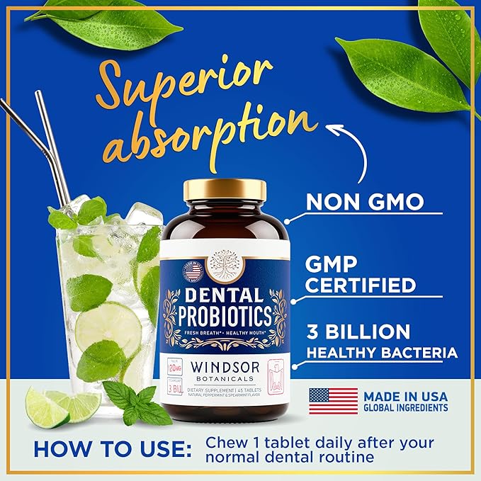 6-PACK Oral Probiotics for Teeth and Gums - 3BN CFU Lactobacillus Salivarius Acidophilus Rhamnosus - Bad Breath Treatment for Adults - 270 Chewable Mint Dental Probiotic Tablets for Women &amp Men