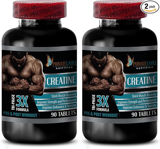 PRIVATE LABEL Muscle Building Supplements for Men - CREATINE TRI-Phase - 3X Formula - PRE &amp Post Workout - creatine monohydrate Pills - 2 Bottles (180 Tablets)