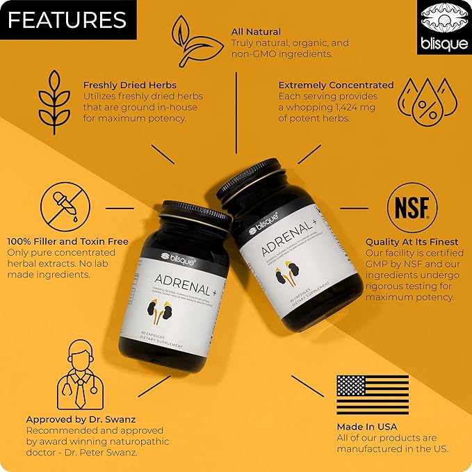 Blisque – Natural Adrenal Support Supplement for Adrenal Health Cortisol Manager Fatigue and Stress Relief | Doctor-Approved | with Ashwagandha | 90 Capsules | Vegan and Non-GMO
