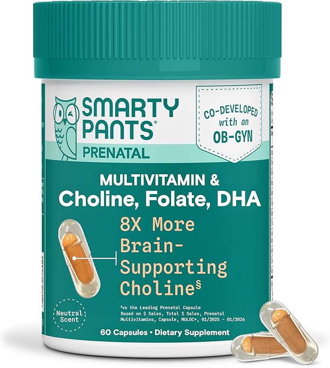 SmartyPants Women’s Prenatal Multivitamin Capsules OB‑GYN Co‑Developed Prenatal Vitamins with Choline Folate Omega 3 DHA &amp Iron for Baby’s Development Gentle on Stomach 60 Count (30 Day Supp